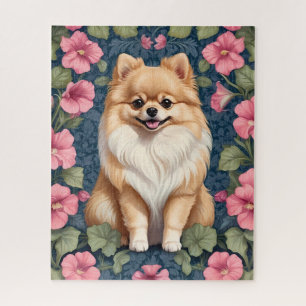 Niedlicher Spitz Hund mit rosa Petunias