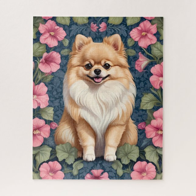 Niedlicher Spitz Hund mit rosa Petunias (Vertikal)