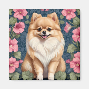 Niedlicher Spitz Hund mit rosa Petunias Magnet