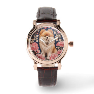 Niedlicher Spitz Hund Rosa Blütenblatt Dankeschön  Armbanduhr