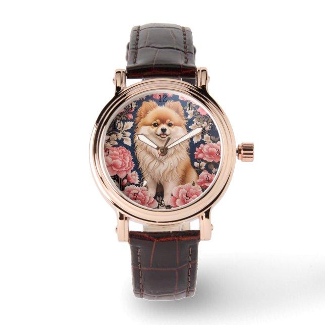 Niedlicher Spitz Hund Rosa Blütenblatt Dankeschön  Armbanduhr (Vorderseite)