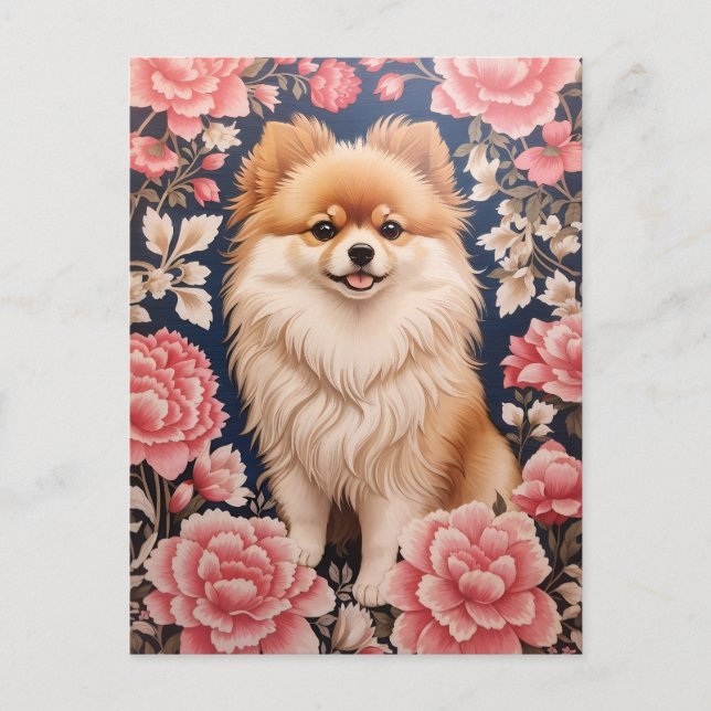 Niedlicher Spitz Hund rosa Blütenblättrig Postkarte (Vorderseite)