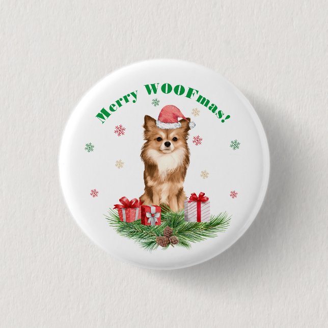 Niedlicher Spitz in der Weihnachtsmannmütze - Froh Button (Vorderseite)
