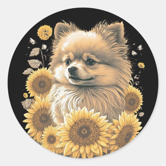 Niedlicher Spitz Sonnenblume Lover Zeichnend Kunst Runder Aufkleber (Vorderseite)