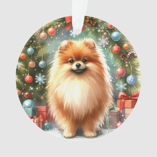 Niedlicher Spitz Wasserfarbe Festliche Weihnachten Ornament (Vorderseite)