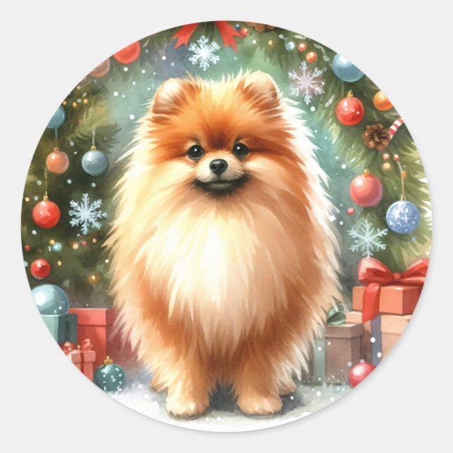 Niedlicher Spitz Wasserfarbe Festliche Weihnachten Runder Aufkleber (Vorderseite)