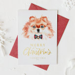 Niedlicher Spitz Wasserfarbe Hund Frohe Weihnachte Feiertagspostkarte<br><div class="desc">Frohe Weihnachten! Senden Sie Ihre Urlaubswünsche mit dieser individuell gestaltbaren Weihnachtspostkarte an Familie und Freunde. Es verfügt über einen Aquarell-Spitz mit einer Bogen-Krawatte. Personalisieren Sie diese niedliche Weihnachtskarte,  indem Sie Ihre Daten hinzufügen. Dieser Spitz ist eine Weihnachtskarte für den Weihnachtsmann.</div>