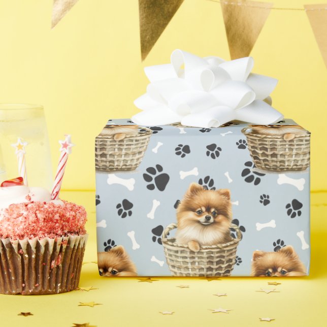 Niedlicher Spitz-Welpe in Basketball drucken Geschenkpapier (Geburtstagsparty)