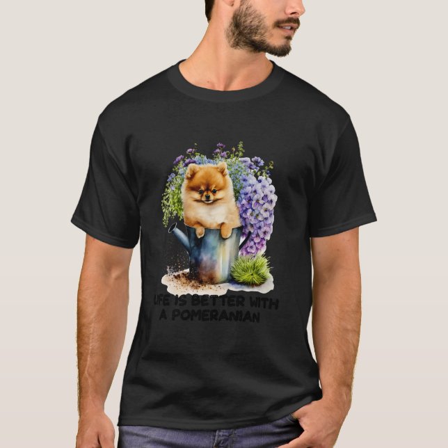 Niedlicher Spitz Welpen Blume Leben besser mit T-Shirt (Vorderseite)