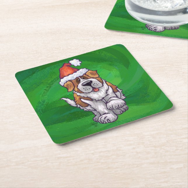 Niedlicher St. Bernard in Weihnachtsmannmütze auf  Rechteckiger Pappuntersetzer (angewinkelt)