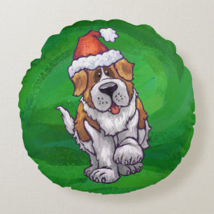 Niedlicher St. Bernard in Weihnachtsmannmütze auf  Rundes Kissen