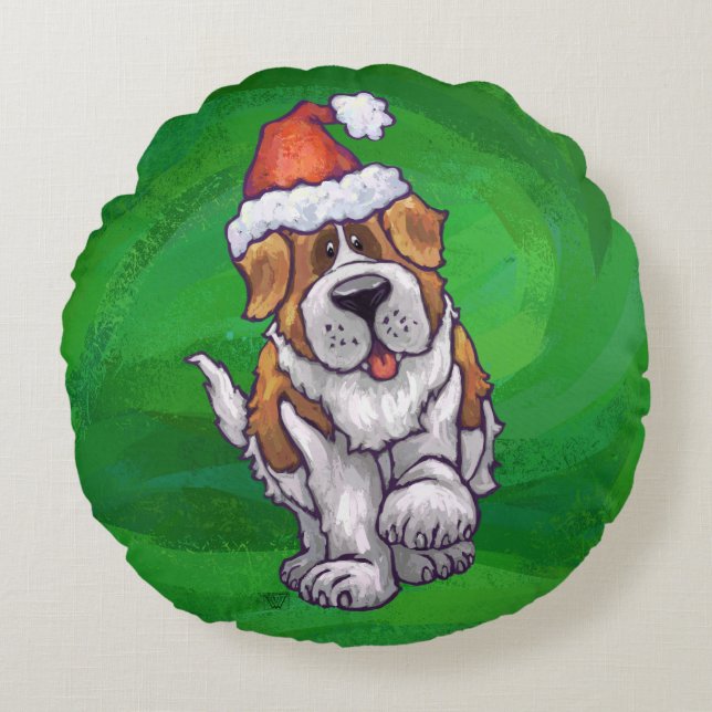 Niedlicher St. Bernard in Weihnachtsmannmütze auf  Rundes Kissen (Vorderseite)