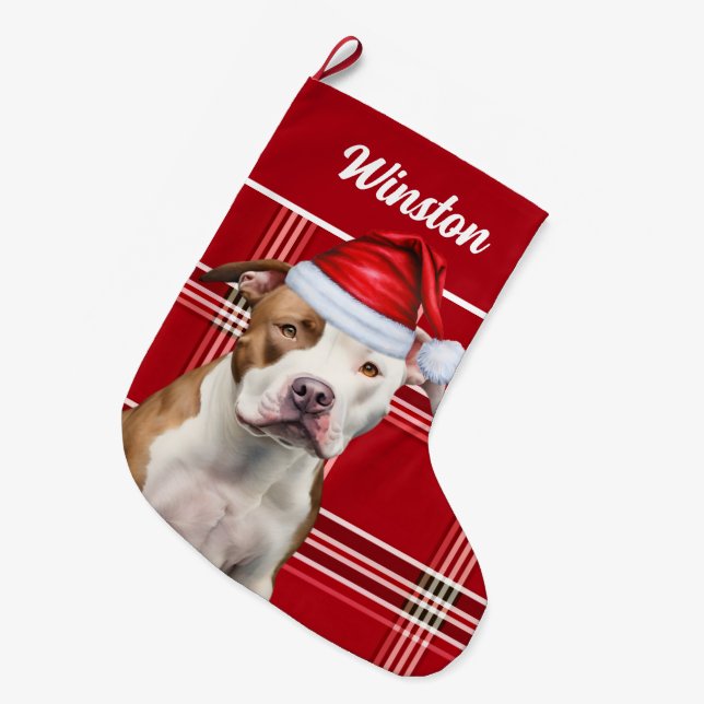 Niedlicher Staffordshire Hund und Karierte Red Cus Großer Weihnachtsstrumpf (Vorderansicht (hängend))
