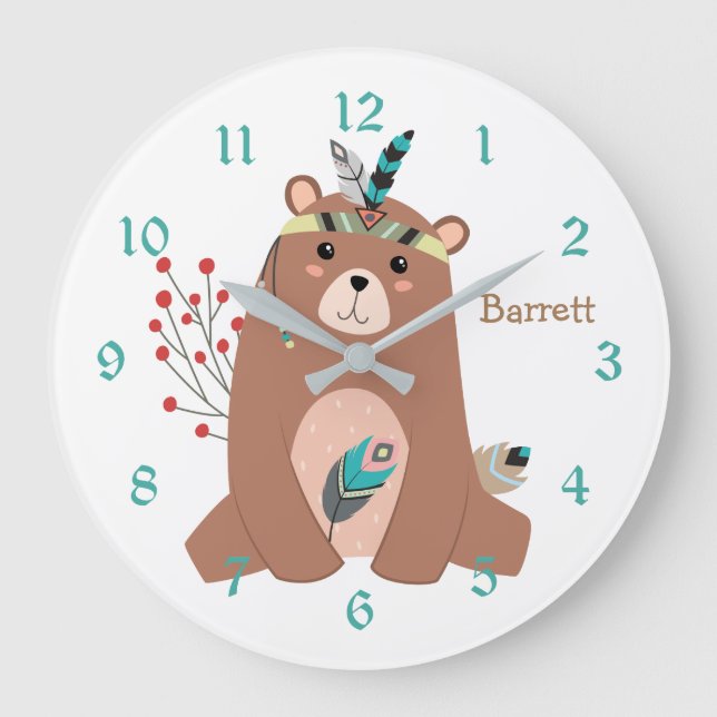 Niedlicher Stammbär Personalisiertes Kinderzimmer  Große Wanduhr (Vorderseite)
