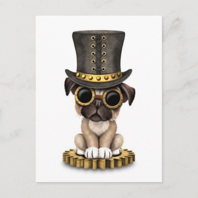 Niedlicher Steampunk-Mops Welpenhund, weiß Postkarte (Vorderseite)