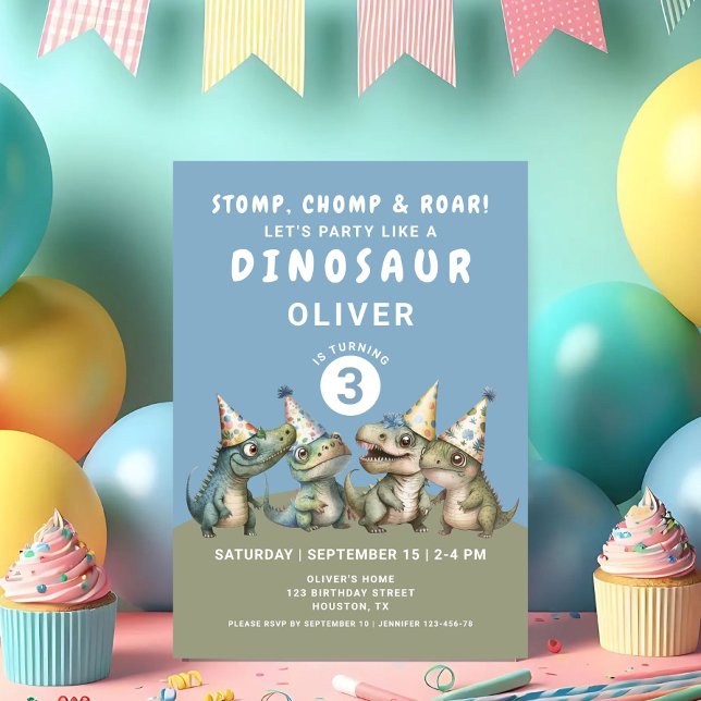 Niedlicher Stomp, Chomp & Roar Dinosaurier 3. Gebu Einladung (Cute Stomp, Chomp & Roar Dinosaur 3rd Birthday Invitation)