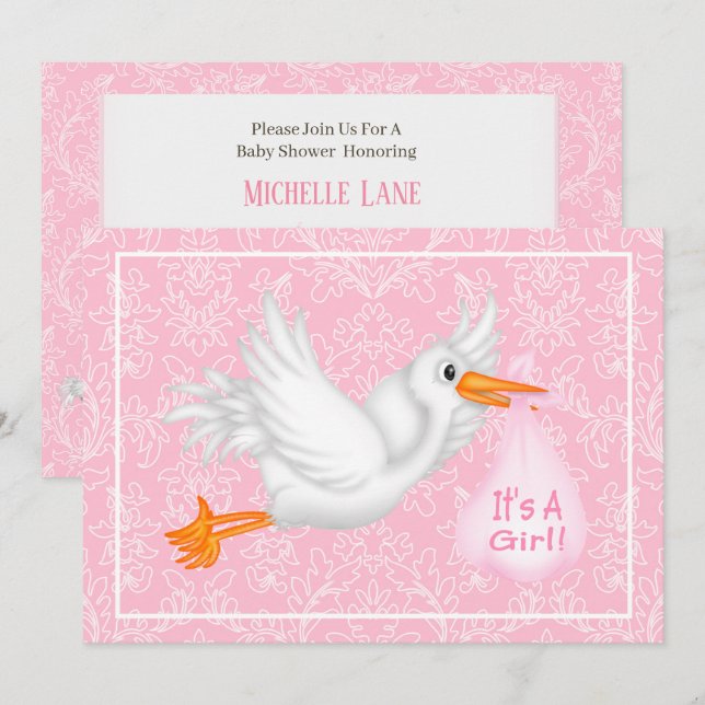 Niedlicher Storch Es ist eine Girl Pink Baby Dusch Einladung (Vorne/Hinten)