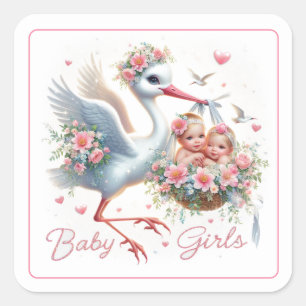 Niedlicher Storch mit zwei Baby-Girls Quadratischer Aufkleber