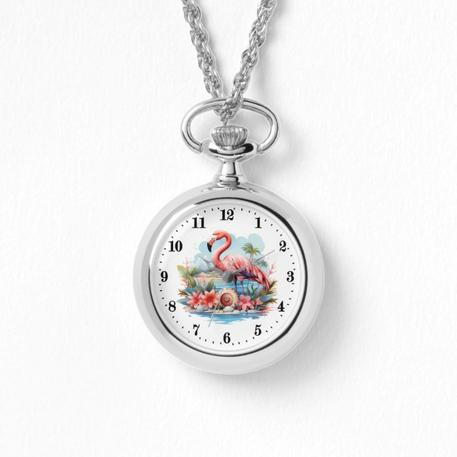 Niedlicher Strand Rosa Flamingo Damen Armbanduhr (Vorderseite)