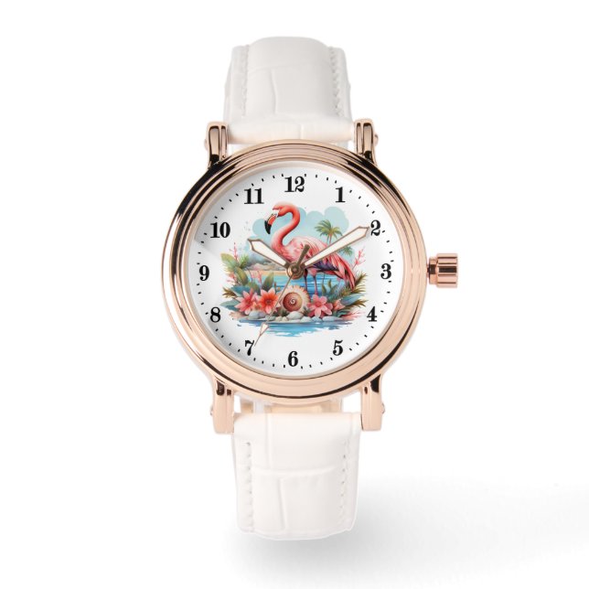 Niedlicher Strand Rosa Flamingo Damen Armbanduhr (Vorderseite)