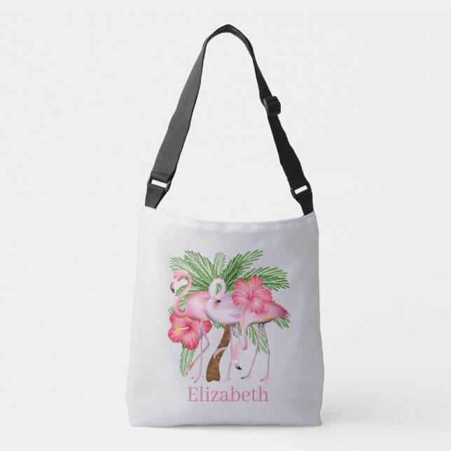 Niedlicher Strand rosa Flamingo Name hinzufügen Tragetaschen Mit Langen Trägern (Vorderseite)