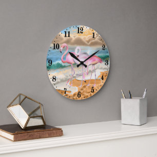 niedlicher Strand rosa Flamingos Große Wanduhr