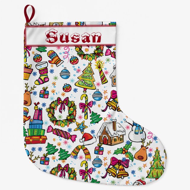 Niedlicher Strumpf Beautiful Doodle Clip Art Name Großer Weihnachtsstrumpf (Vorderseite)