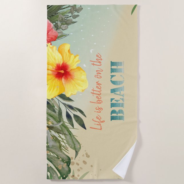 Niedlicher, stylischer Strand,Palm Leaf Hibiskus Strandtuch (Vorderseite)