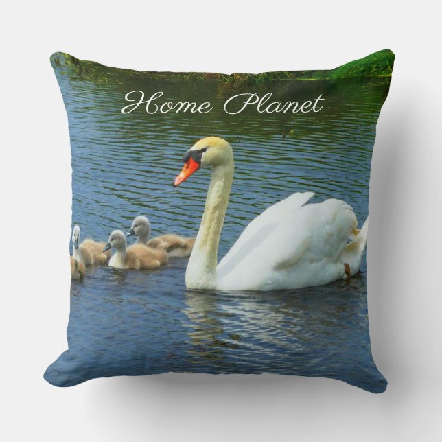 Niedlicher Swan Lake & Zuhause Planet Calligraphie Kissen (Vorderseite)