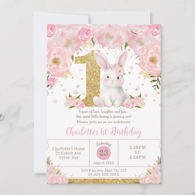 Niedlicher Sweet Bunny Rabbit Pink Floral 1. Gebur Einladung (Vorderseite)