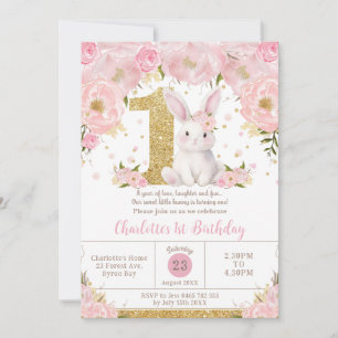 Niedlicher Sweet Bunny Rabbit Pink Floral 1. Gebur Einladung