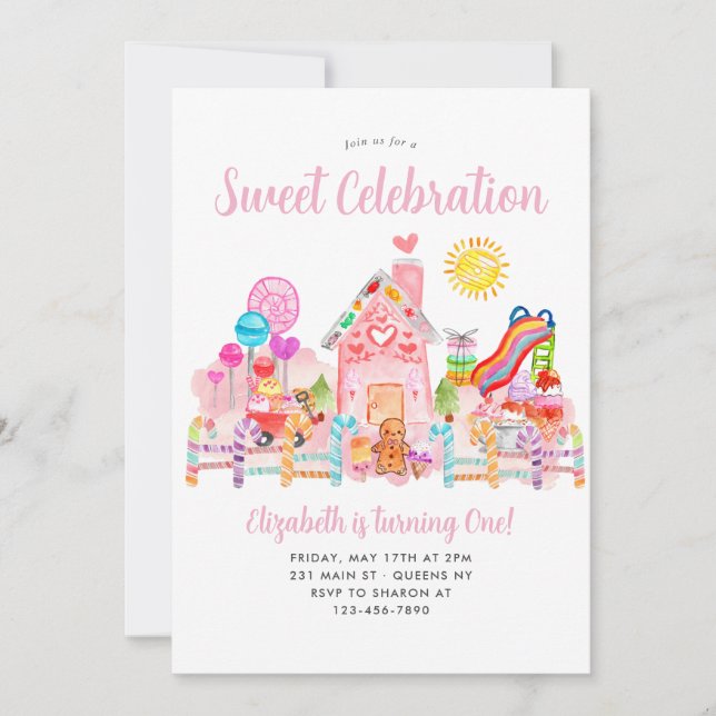 Niedlicher Sweet Celebration Candyland Kindergebur Einladung (Vorderseite)