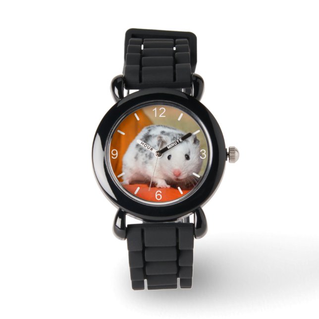 Niedlicher syrischer Hamster Gepunkteter schwarzer Armbanduhr (Vorderseite)