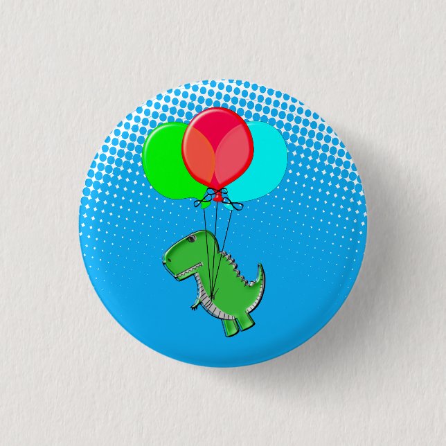 Niedlicher T-Rex-Flug mit Balloons im blauen Himme Button (Vorderseite)