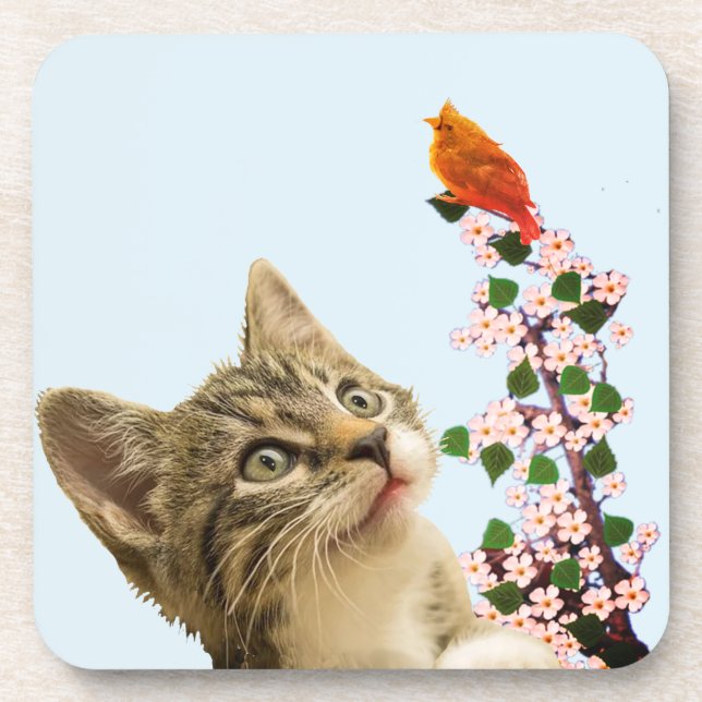 Niedlicher Tabby Cat & Little Bird auf Light Blue Getränkeuntersetzer (Vorderseite)