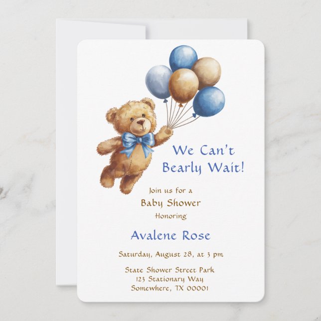 Niedlicher Tan Teddy Bear mit Balloons Boy Baby Du Einladung (Vorderseite)