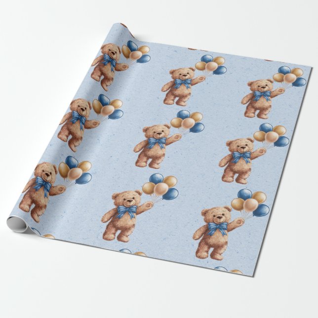 Niedlicher Tan Teddy Bear mit Balloons Boy Baby Du Geschenkpapier (Ungerollt)