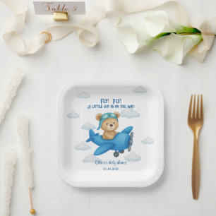 Niedlicher Teddy-Bär auf Airplane-Baby-Dusche   Pappteller