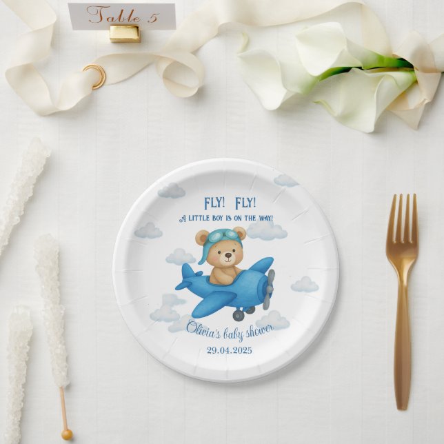 Niedlicher Teddy-Bär auf Airplane-Baby-Dusche | Pappteller (Hochzeit)