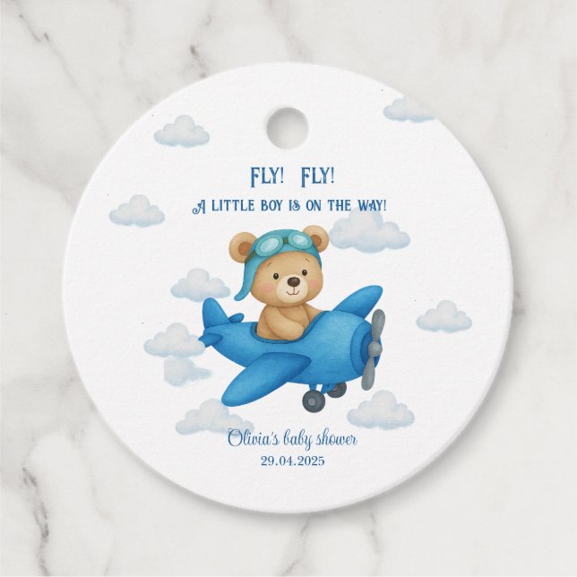 Niedlicher Teddy Bär auf Airplane Baby Shower Fevo Geschenkanhänger (Vorderseite)