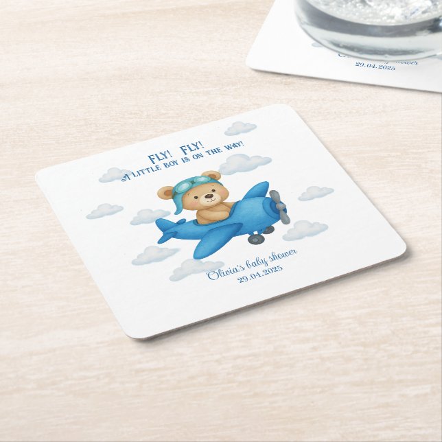 Niedlicher Teddy-Bär auf einer Flugzeug-Babydusche Rechteckiger Pappuntersetzer (angewinkelt)