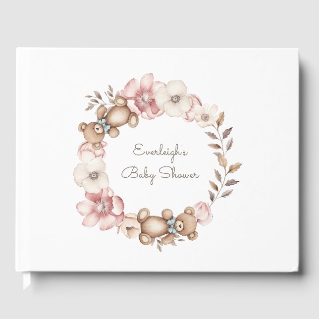 Niedlicher Teddy Bär Blumenreath Gästebuch (Vorderseite)