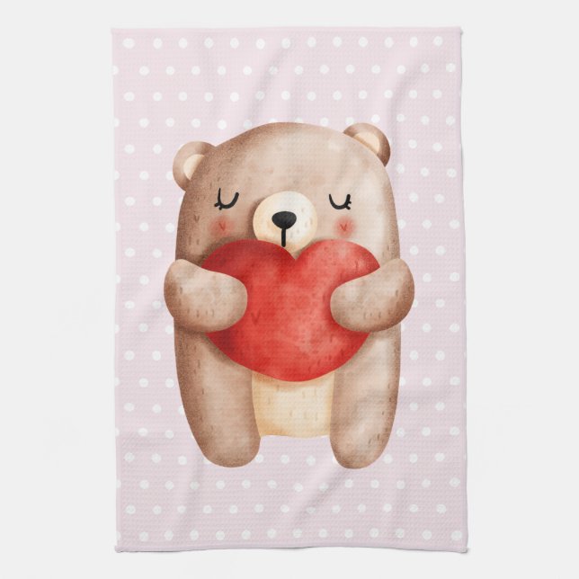 Niedlicher Teddy Bär, der auf Polka Docks ein Rote Geschirrtuch (Vertikal)