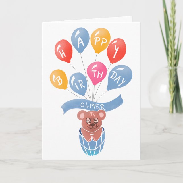 Niedlicher Teddy Bär farbenfrohe Balloons Boy Birt Karte (Vorderseite)