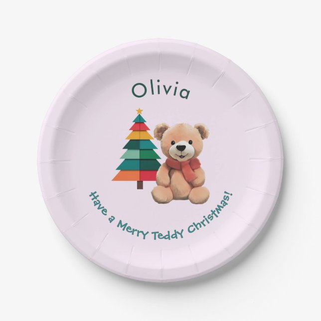 Niedlicher Teddy Bär Frohe Weihnachten Rosa Feiert Pappteller (Vorderseite)