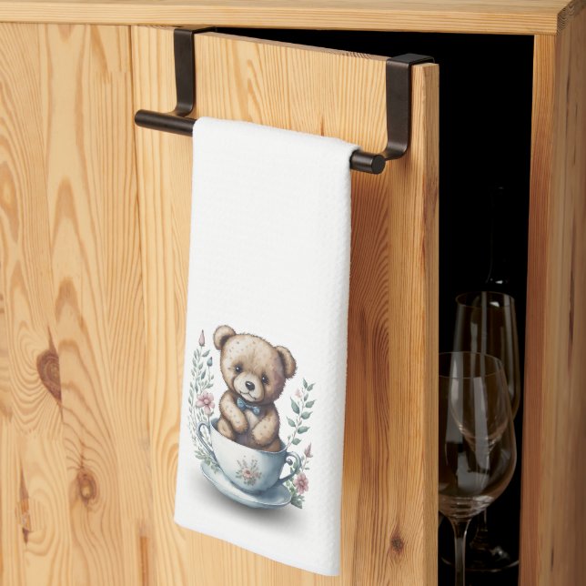 Niedlicher Teddy Bär im Teacup mit Blume Geschirrtuch (Drittel gefaltet)