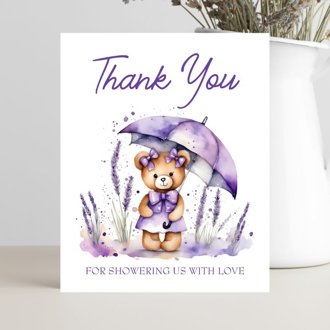 Niedlicher Teddy Bär lila Babydusche Dankeschön Ka (Purple lavender teddy bear baby shower thank you card template, cute teddy with umbrella thank you )