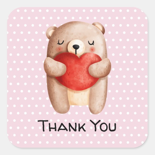 Niedlicher Teddy Bär mit einem roten Herz Danke Quadratischer Aufkleber (Vorderseite)