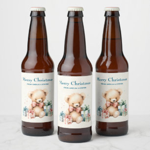 Niedlicher Teddy Bär mit Geschenken Frohe Weihnach Bierflaschenetikett