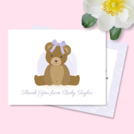 Niedlicher Teddy Bär mit Lila Bow Baby Girl Dusche Dankeskarte
